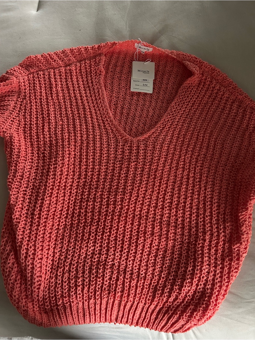 Miracle Coral Open-Knit V-Neck Sweater